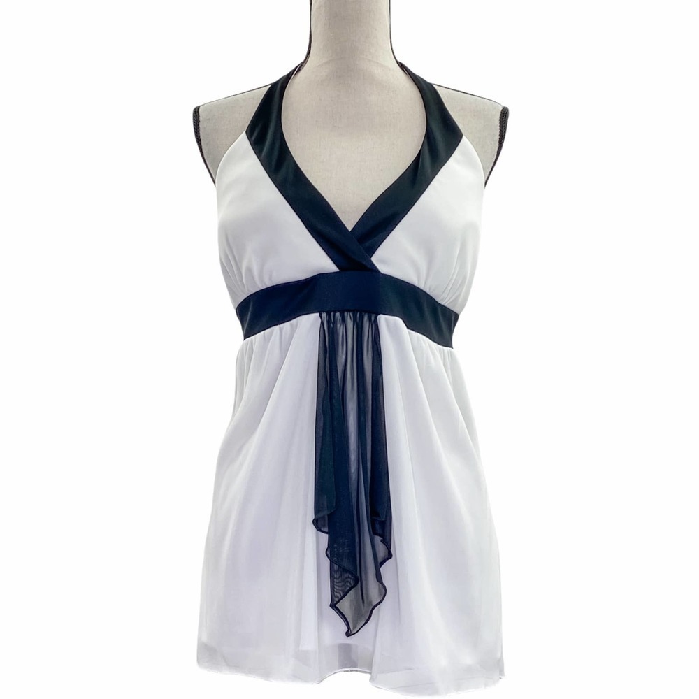 STUDIO Y White & Black Sleeveless Surplice V-Neck Tie Waist Halter Top